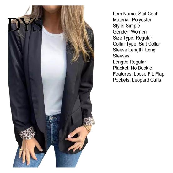 Leopard Print Office Coat Women Suit Lapel Long Sleeve Cuffs Workwear Jacket Solid Color Loose Fit Open Front Casual Business Outwear