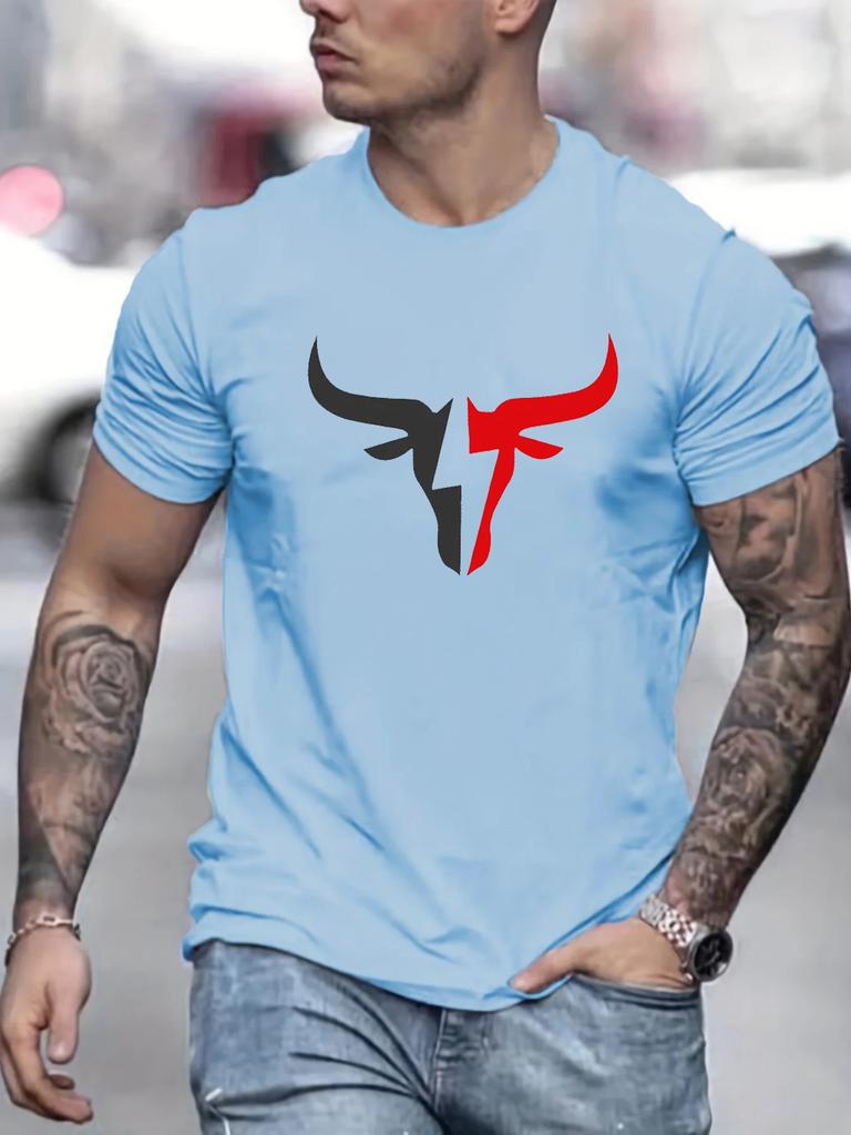 Summer Men's 100% Cotton Comfortable Casual Loose Fit Plus Size Bull Pattern Print Sports Round Neck Short Sleeved T-shirt Top