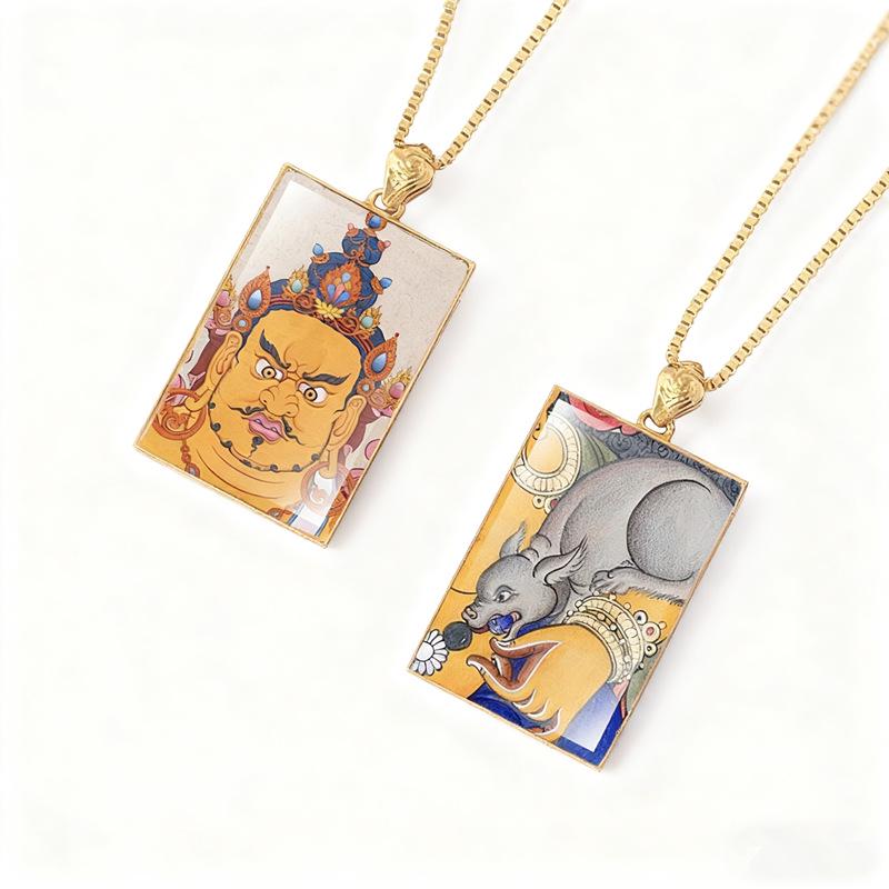 Double-sided Titanium Steel Pendant with Real Gold Plated Gau Box, Hand-painted Green Tara and Wealth Thangka.