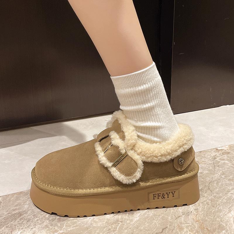 Women's Belt Buckle Fashion Lightweight Soft Sole Winter Warm Fur One Snow Boots Padded Lined Non-slip Casual Sports Cotton Boots Fur Shoes