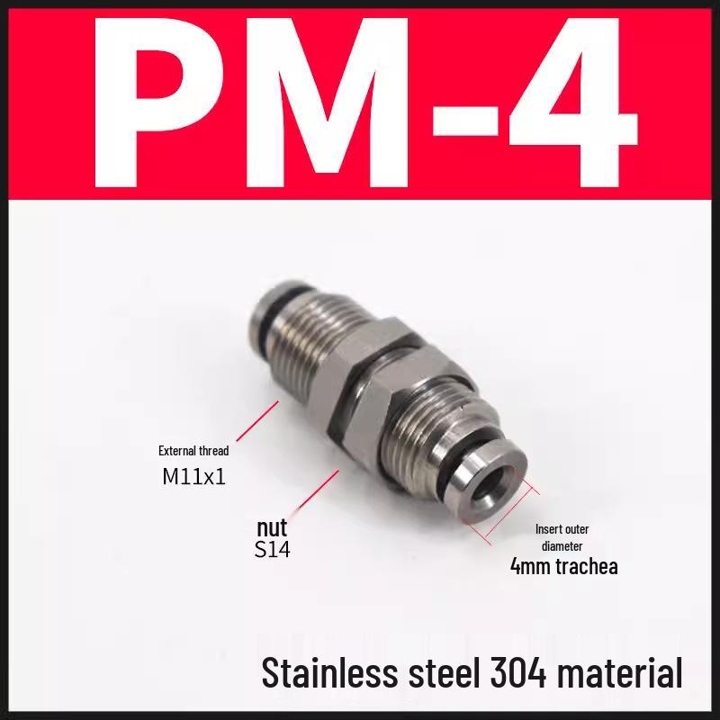 304 Stainless Steel Quick Push-In Pneumatic Tube Panel Mount Connector, External Thread, PM Sizes: 4, 6, 8, 10mm