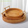 Dinner Serving Tray Breakfast Bread Food Plate Handwoven Rattan Storage Tray Round Shape Fruit Cake Wicker Basket With Handle