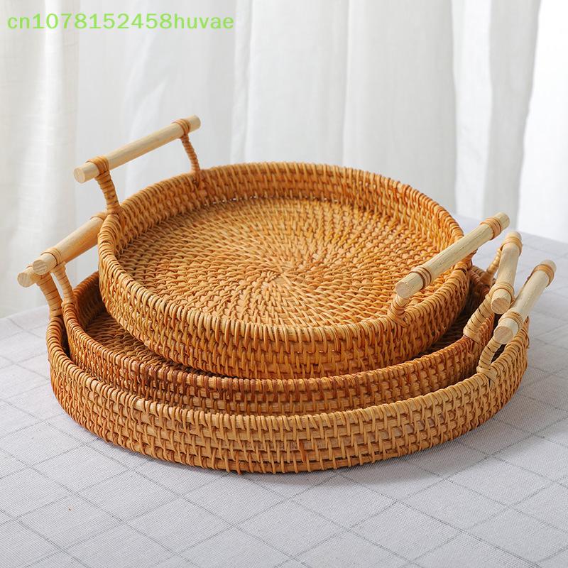 Dinner Serving Tray Breakfast Bread Food Plate Handwoven Rattan Storage Tray Round Shape Fruit Cake Wicker Basket With Handle