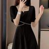 Elegant French Hepburn Style Black Long Dress for Plus Size Women - Slimming Belly Covering Summer Wear