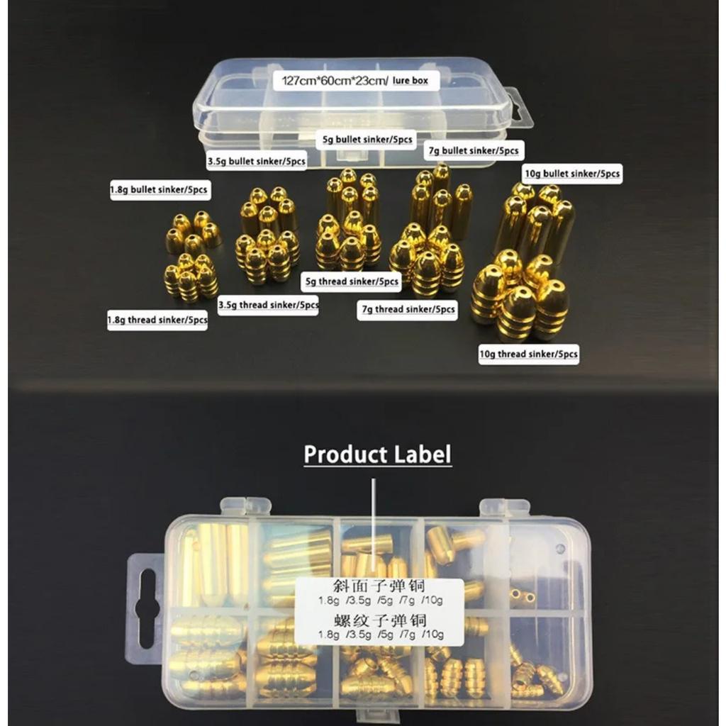 50Pcs/Set Copper Bullet Weights Fishing Sinkers In Plastic Fishing Accessories Tackle Box 1.8g/3.5g/5g/7g/10g Sinker Accessories