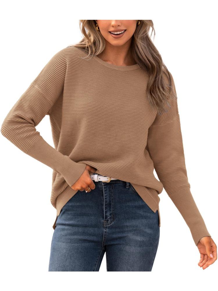 Autumn Winter Women's Sweater Long Sleeve Ribbed Knit Pullover Loose Round Neck Batwing Split Luxurious Relaxed-fit Slimming and Versatile Top