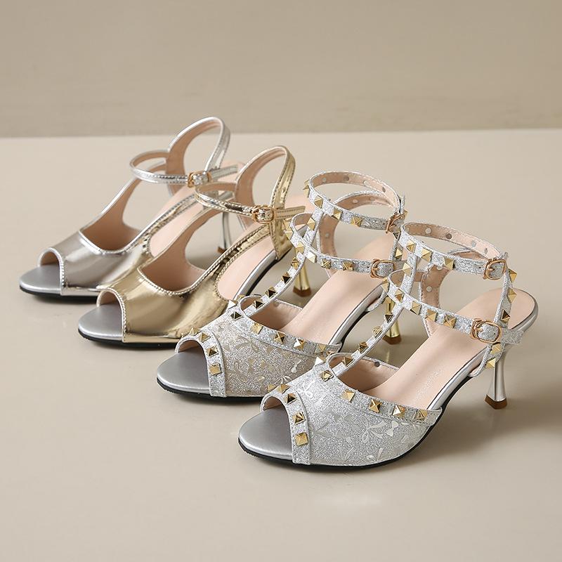 Fashion Women Thin Heels Top Quality Shoes Front Open Toe Sandals With Studs Microfiber Leather Sewing Pumps American And European Style