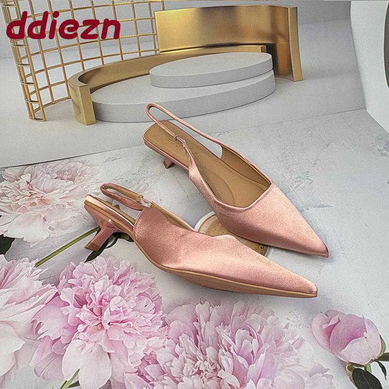 Fashion Fashion Pointed Toe Ladies Pumps Heels Shoes Shallow Female Slip On Footwear Silk Women Medium Heels Shoes Sandals 2025 New