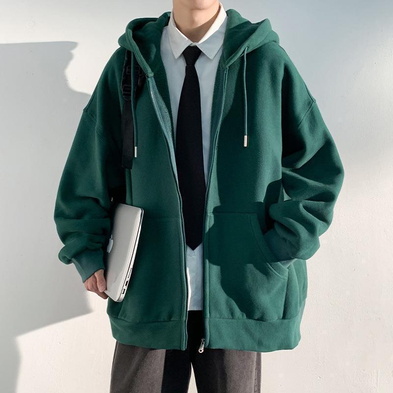 Men's Hong Kong Fashion Zip-Up Cardigan: Loose Hooded Jacket, Trendy Autumn Solid Color Top