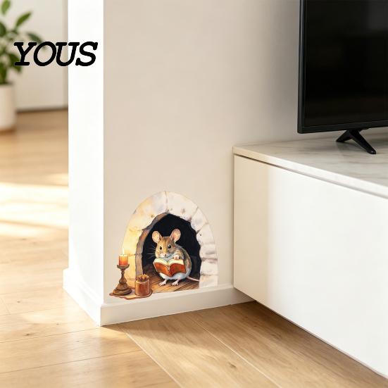 Holiday Party Window Ornaments 3D Mouse Hole Wall Decals, Peel And Stick Cute Cartoon Mice Reading Sticker, Decorative PVC Art Vinyl Stickers for Kids