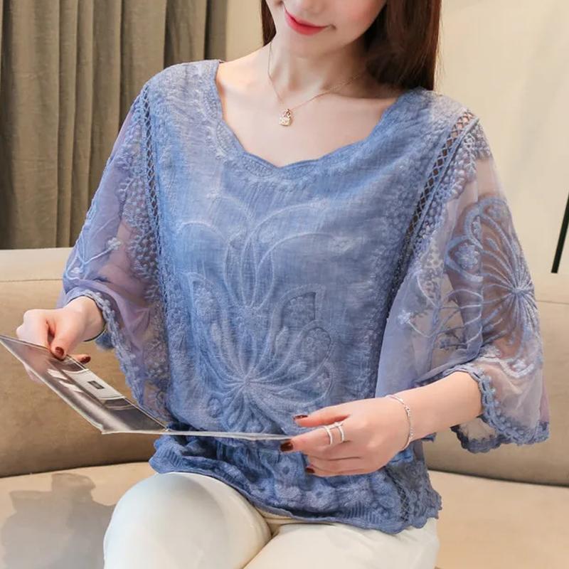 Frühling Sommer Damen Blusen Fledermausärmel Blumenspitze Chiffonbluse Aushöhlen Blusen Übergröße Shirts Damen Shirt Tops