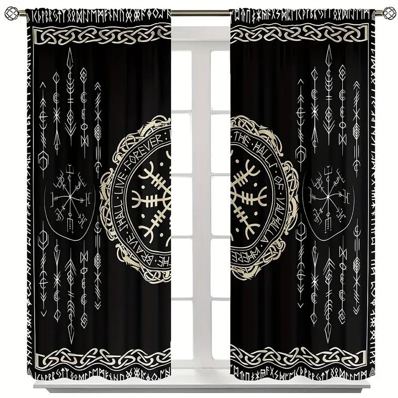 JIT 2pcs Rune Pattern Blackout Curtain   Viking Design   Room Darkening   Polyester   Home Decor   Rod Pocket Window Treatment
