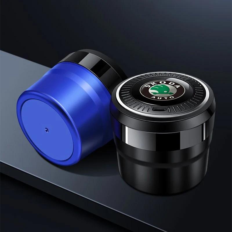 XOWS7 Portable Car Ashtray With LED Light For Skoda Octavia Superb Kodiaq Karoq Fabia Ceramic Liner Smokeless Auto Interior Accessorie
