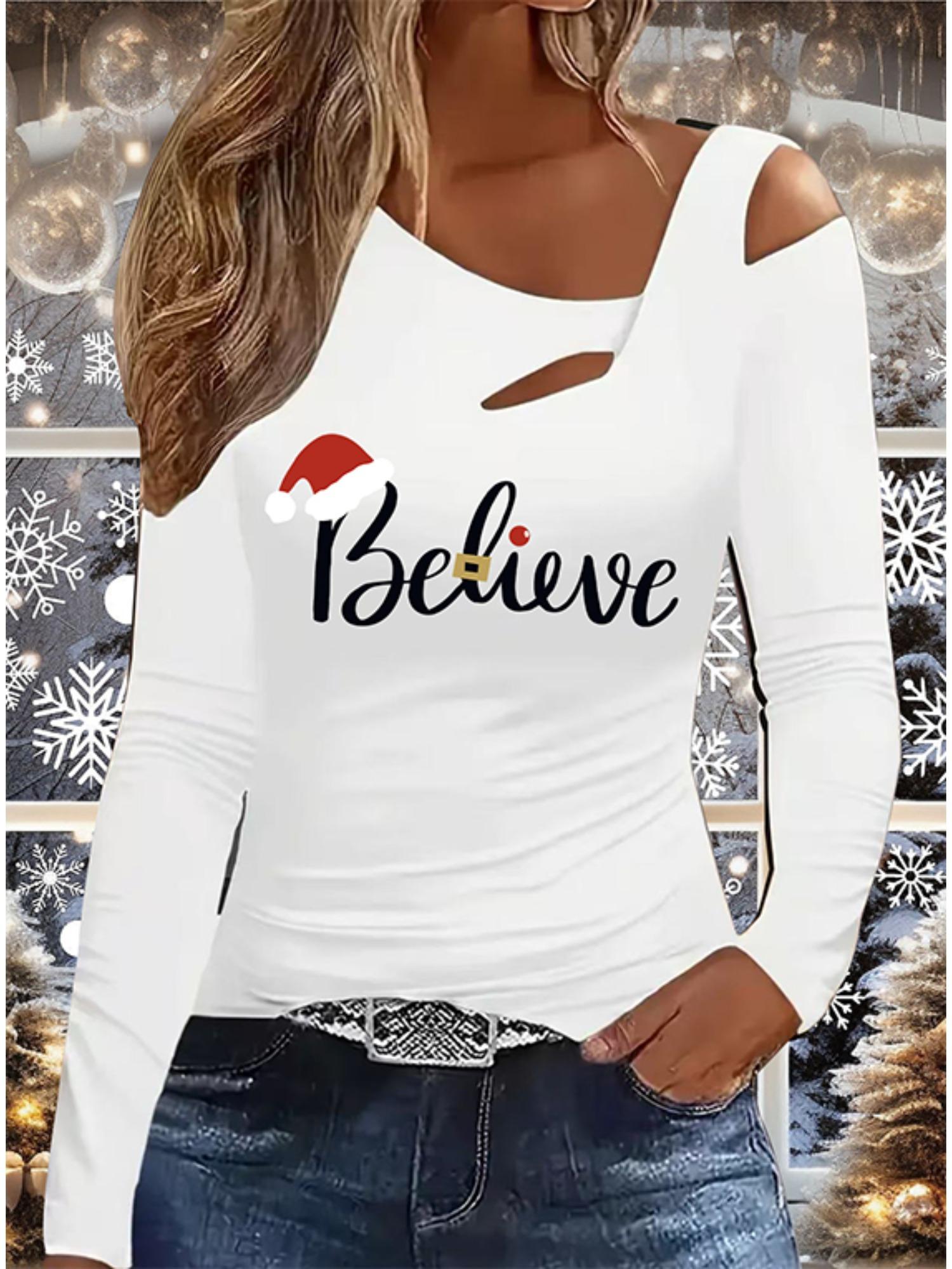 

Autumn & Winter Women s New Casual Long Sleeve Top Christmas Pattern Ideal Halloween Christmas Gift T Shirt XXL білий