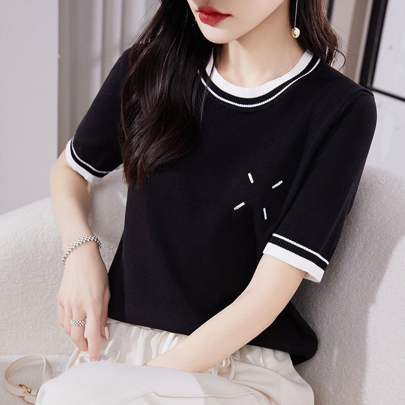 Round Neck Color-blocking Ice Silk Knitted Short-sleeved Women's Summer Thin Style Beautiful Temperament T-shirt New Loose and Versatile Half-sleeved