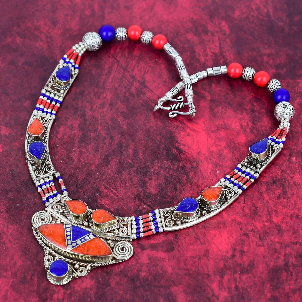Lapis Lazuli, Coral Gemstone 925 Sterling Silver Necklace , Silver Jewelry Bohemian Antique Necklace, Handmade Jewelry Nepali Necklace Gift For Wife