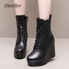 2026 Damskie Czarne Koturny Platforma Botki na Kostkę Zamek Boczny Gruba Obcas Botas Wiosna Jesień Moda Damskie Buty Rozmiar 33-43 Botines
