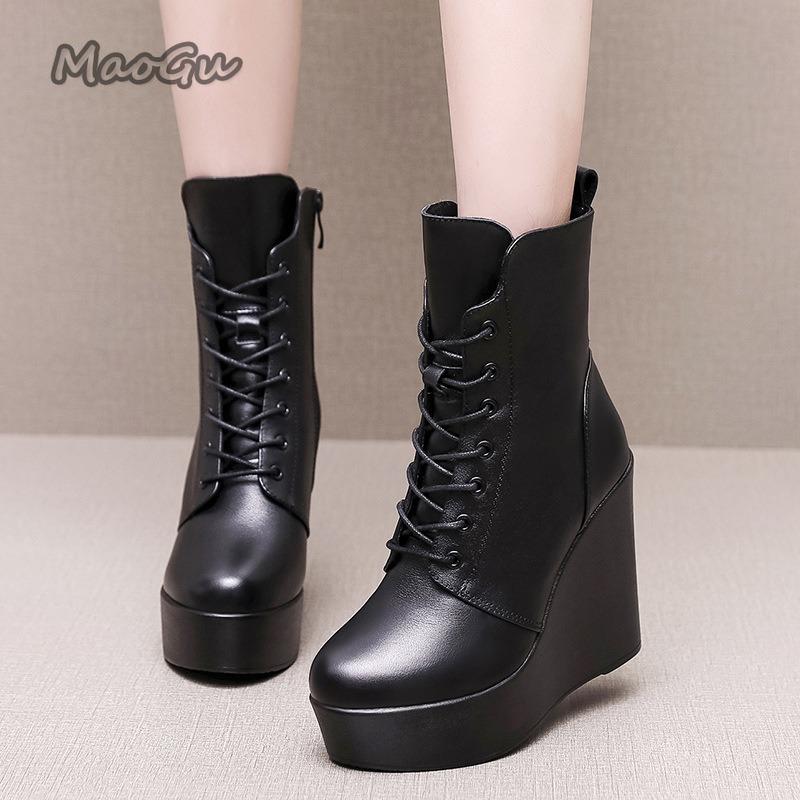 2026 Damskie Czarne Koturny Platforma Botki na Kostkę Zamek Boczny Gruba Obcas Botas Wiosna Jesień Moda Damskie Buty Rozmiar 33-43 Botines