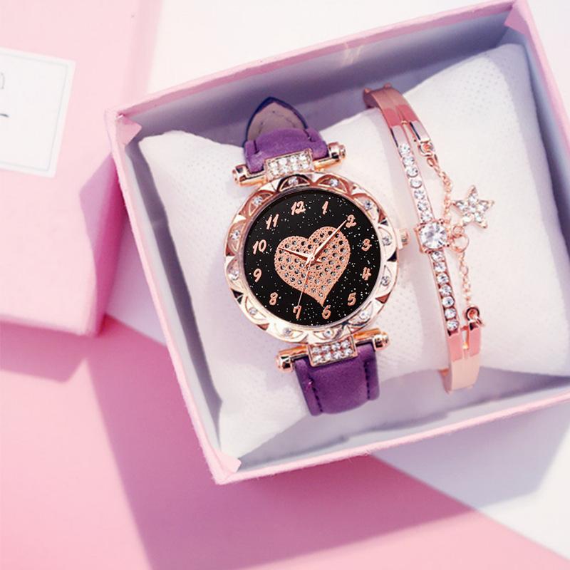 Casual Female Couple Student Electronic Watch Fashion Full Diamond Watch Love Luminous Women Peach Heart Watch