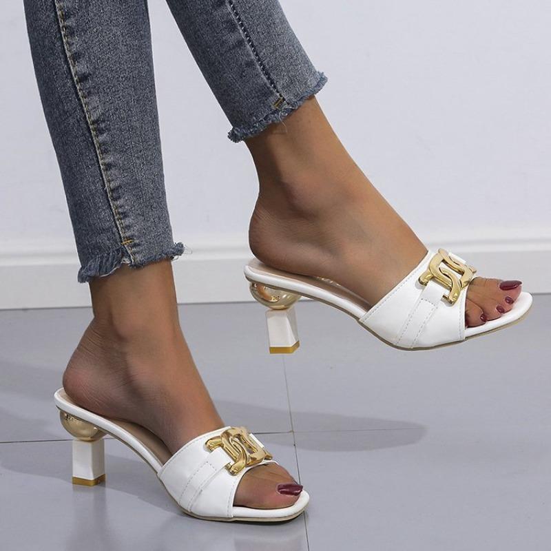 Hot Sale Of The Season New Fashion High Heel Sandals Buckle Chain Square Root Large Size Slippers Women Rubber Upgraded Version