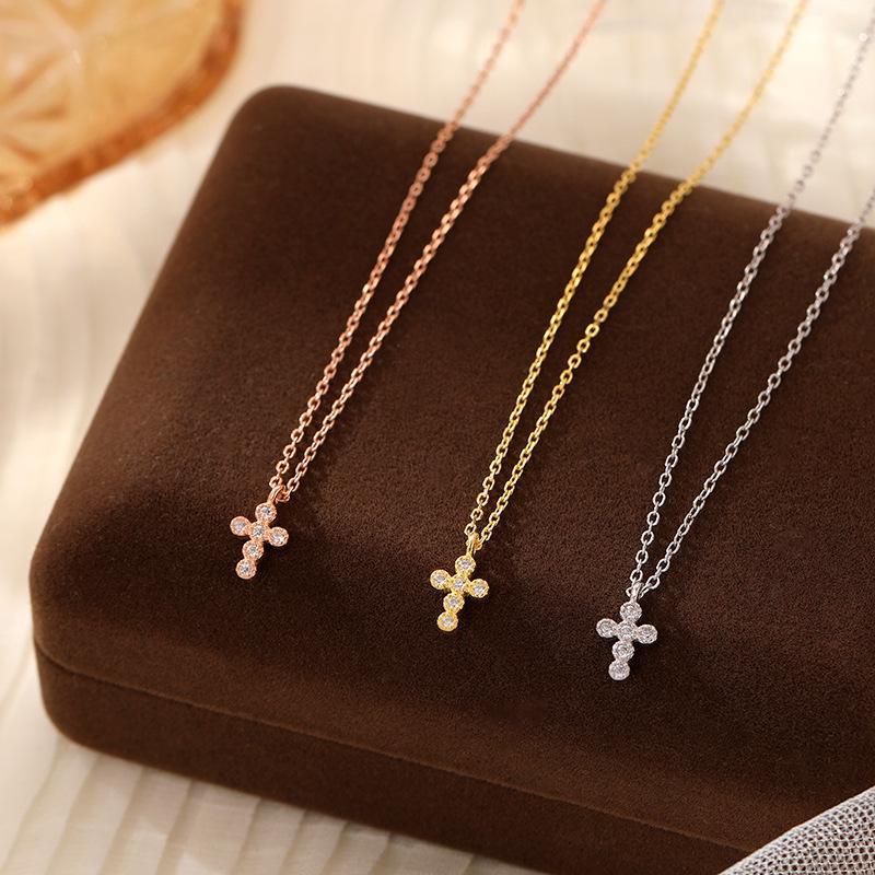 Korean Style 925 Sterling Silver Zircon Cross Necklace