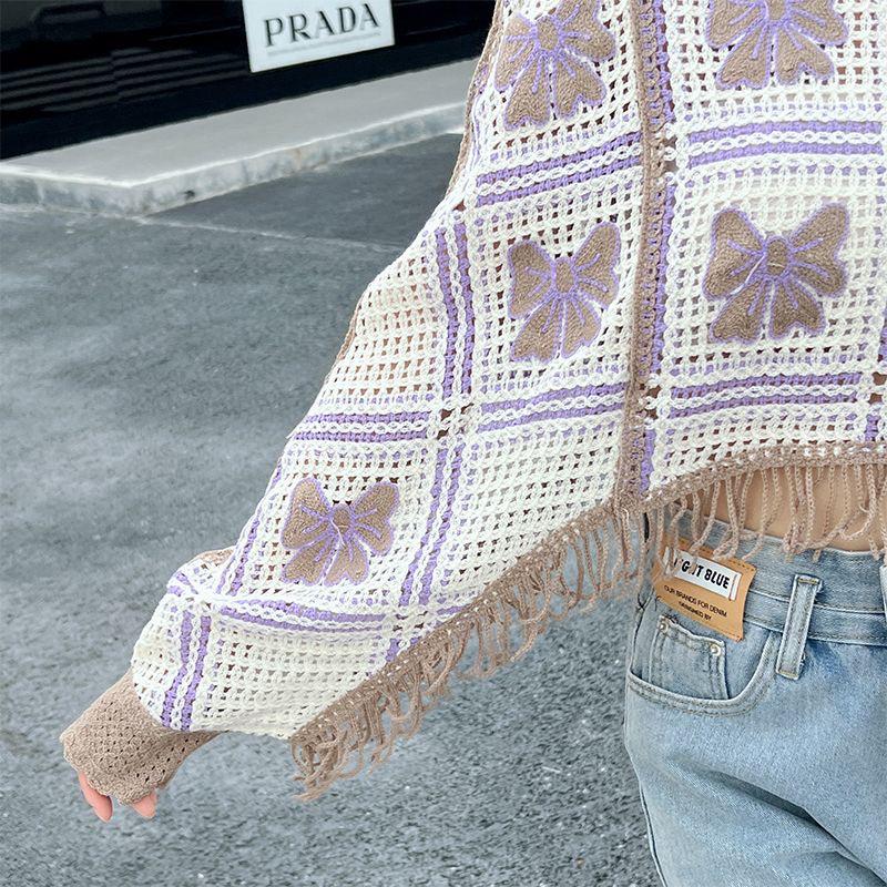 Spring & Autumn Crocheted Tassel Cardigan - Women's Long Sleeve Knit with Hollow Design