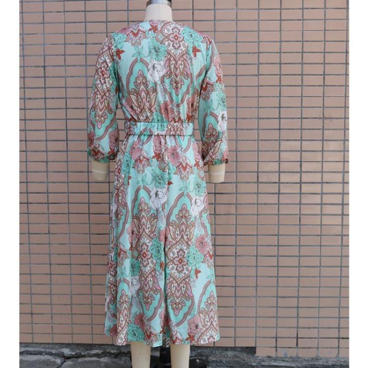 Boho Floral Print Long Dress Elegant Deep V Neck Long Sleeve High Split Swing Dress with Belt Women Beach Dresses Sexy
