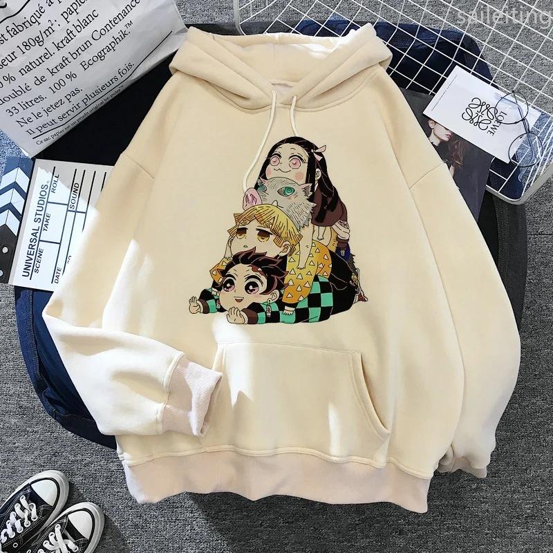 Japan Anime Demon Slayer Hoodies Japanese Casual Kangaroo Pocket Hoodie Harajuku Cartoon Manga Khaki Pullovers Aesthetic Clothes