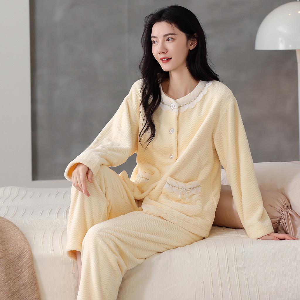 1011 winter women's pajamas thickened flannel loungewear foreign gas cardigan doll collar winter warm loungewear set