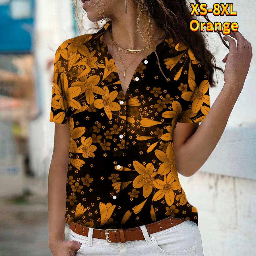2025 Sommer Ny Mote Dame Blomsterprint Kortermet V-hals Casual Knappedown Skjorte Topp