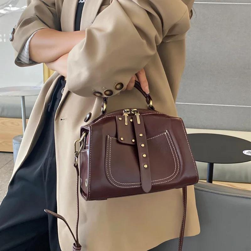 Crossbody-veske i ekte skinn, retro designer luksus skulderveske, feminin reise Boston pute vesker