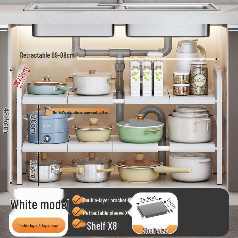 Retractable Under Sink Kitchen Organizer and Multifunctional Dish & Pot Rack