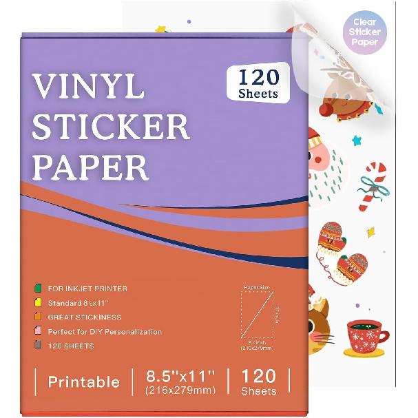 30 Sheets Printable Clear Sticker Paper for Inkjet Printer, Premium Vinyl Transparent Sticker Paper Waterproof, Dries Quickly, Vivid Colors, Tear