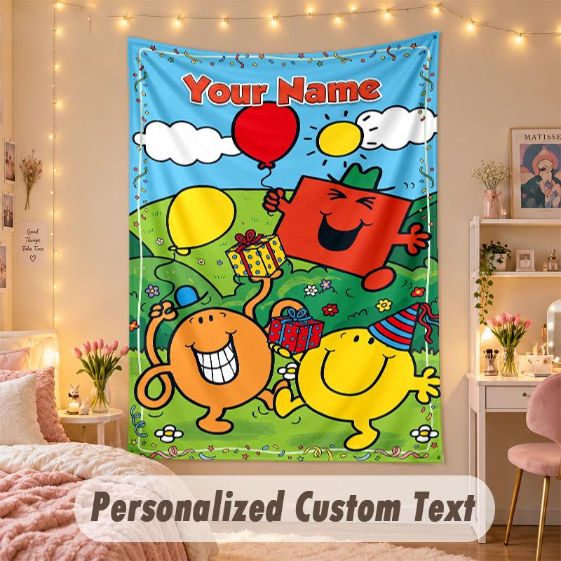 Custom Personalized Tapestry,Mr. Men & Little Miss Print Custom Name Text Wall Art Hanging for Bedroom