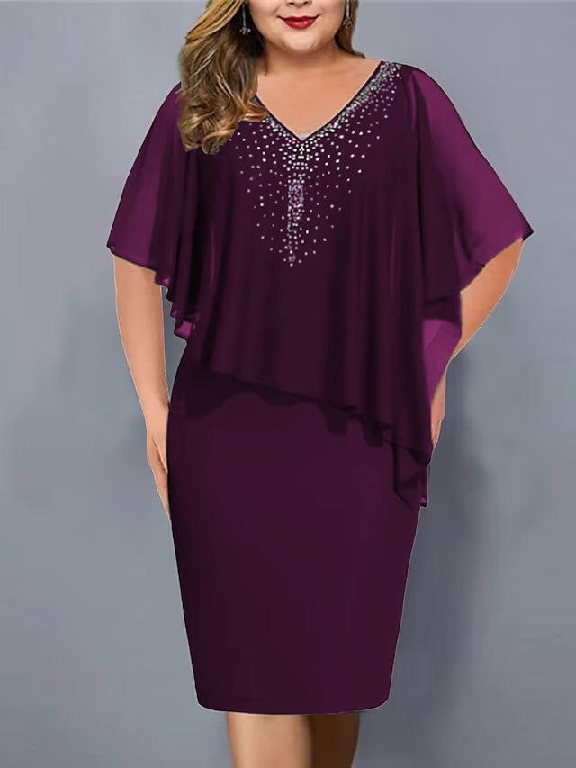 Elegant V-Neck Sleeveless Evening Dress with Sheer Cape, Women's Party Cocktail Dress In Black/Burgundy/Navy/Purple