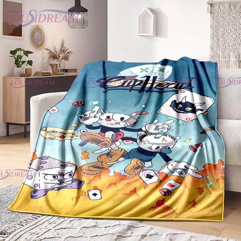 Cuphead and Mugman Print Throw Deka Kreslená hra Měkký plyšový fleece Lehká pohovka Funny Halloween Friend dárek