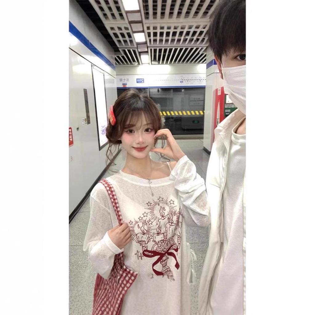 White Off-Shoulder Graffiti Print Long-Sleeve Blouse with Drawstring