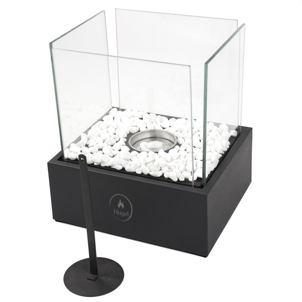 Bio fireplace, free-standing bio fireplace for the terrace, glass table, garden, standing