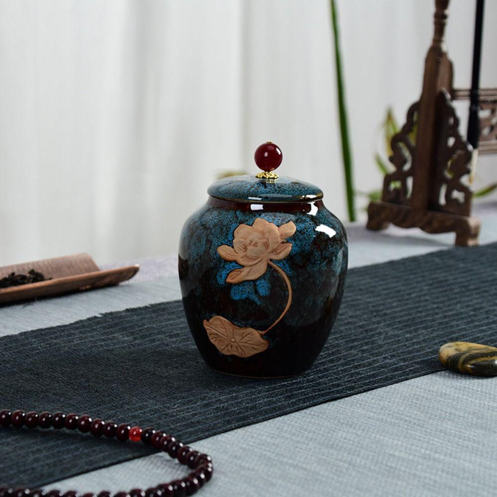 Tarro de Té Cerámico Tradicional Chino Vintage Contenedor de Almacenamiento de Alimentos Porcelana con Tapa Olla Sellada Suministros para el Hogar