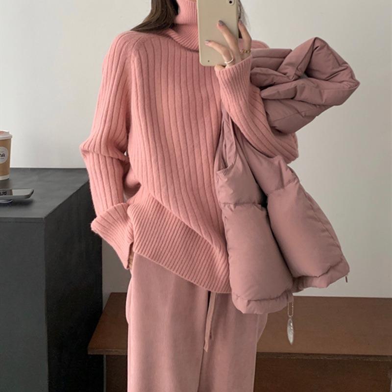 Solid color soft waxy turtleneck pullover bottoming shirt women's autumn and winter new loose lazy wind knitted sweater
