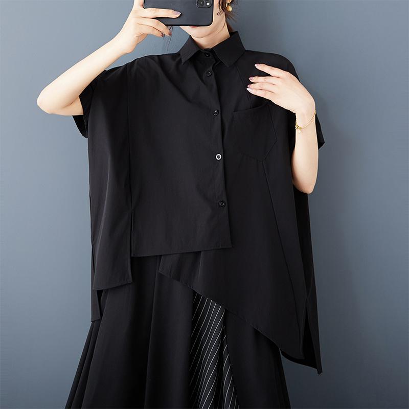 

DIMANAF 2025 Women Summer Plus Size Asymmetrical Shirt Black Blouse Fashion Casual Tops Tees Loose New One Size чёрный