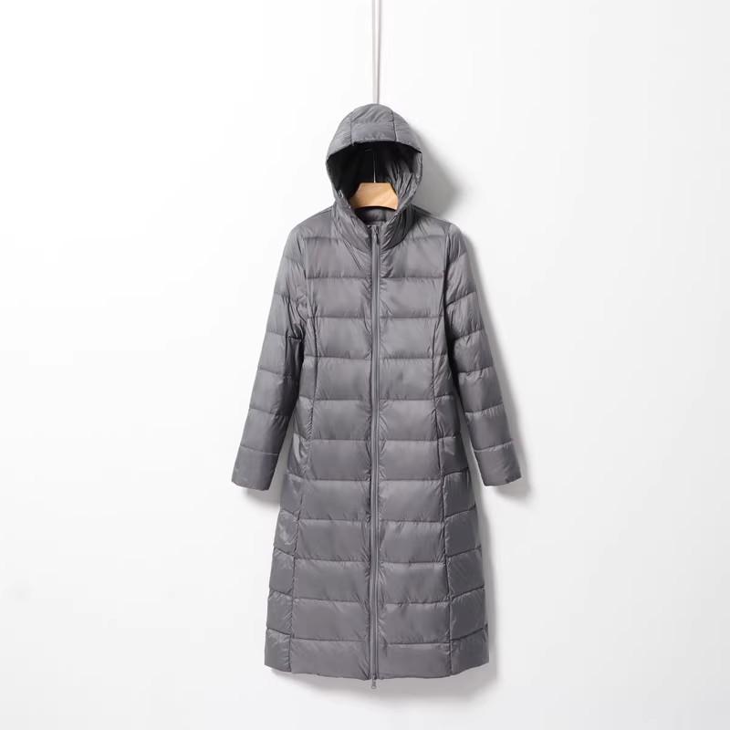 Women's Long Hooded Lightweight Down Jacket - Korean Style Slim Fit, Over-the-Knee