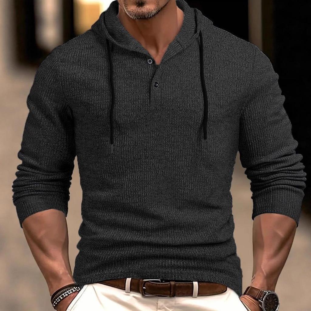 Men's Casual Long Sleeve Hooded Pullover with Drawstring and Buttons for Autumn/Winter