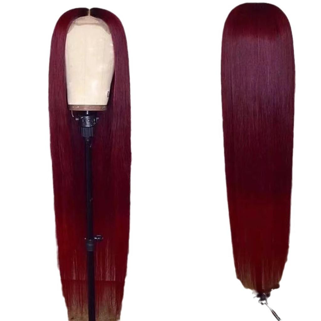 Burgundy Long Straight Hair Wig European American Women's Daily Natural Front Lace Headgear