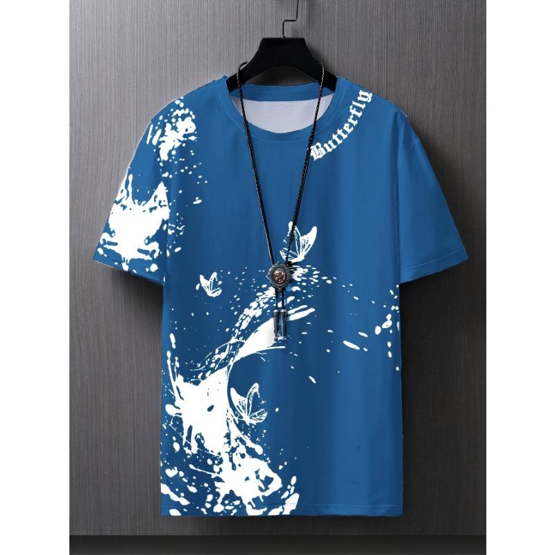 Men s Casual Butterfly Print Short Sleeved T-shirt for Spring, Summer, Autumn, Holiday and Daily Wear XL