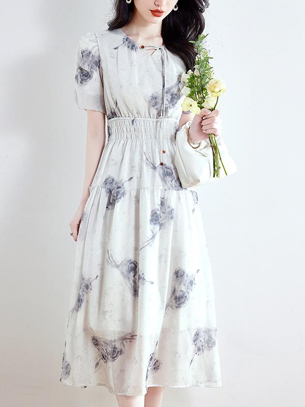 Elegant French-Style Summer Chiffon Dress with Waist-Cinching Collar for Women