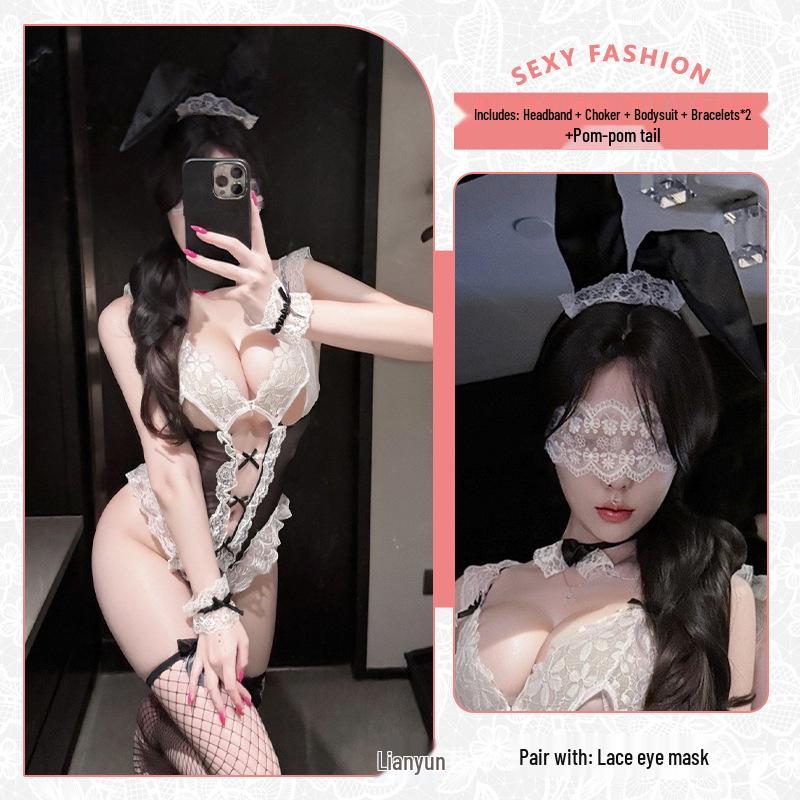 Sexy Bunny Temptation Lace Lingerie Set with Open Crotch Pajama Style.