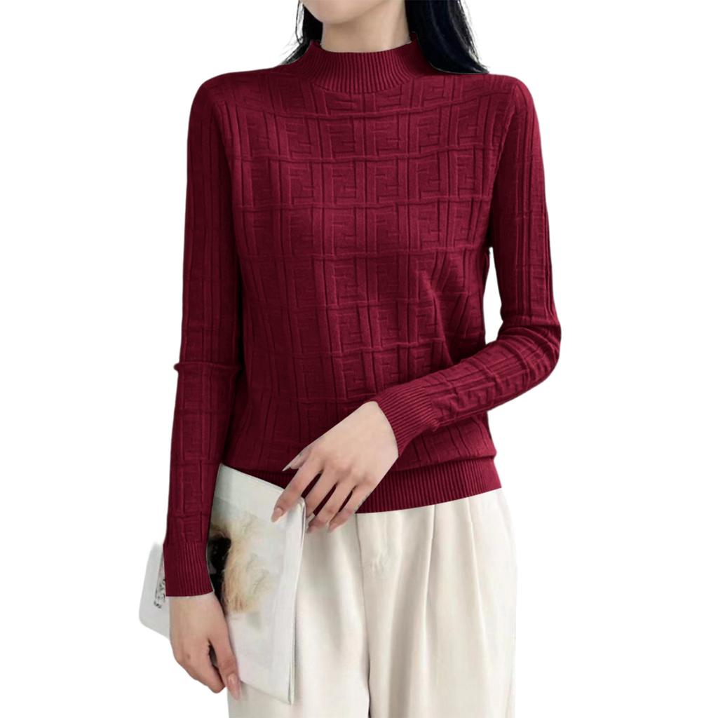 Women's Half Turtleneck Sweater Loose Slimming Long Sleeve Plaid Knitted Bottoming Shirt