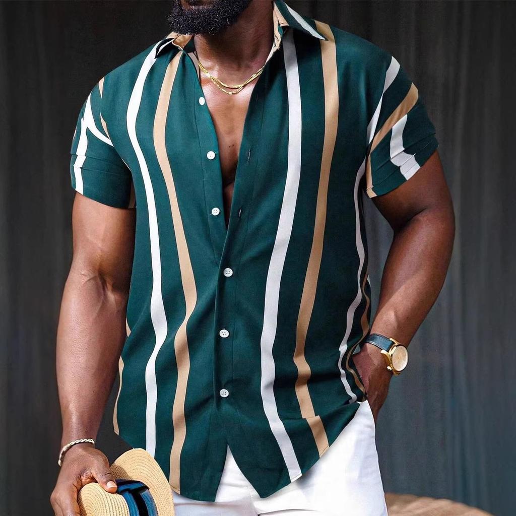 Summer New Men Clothes Short Sleeve Lapel Shirt Tops Fashion Stripe Design Men Tops
