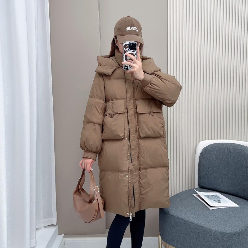 Down jacket women's medium and long knee winter new waist fashion loose thickened hooded white duck down